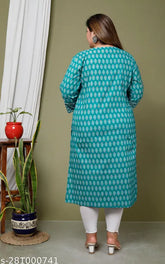 Blue plus size floral print cotton kurta, three-quarter sleeves, Avnii women's fashion on model